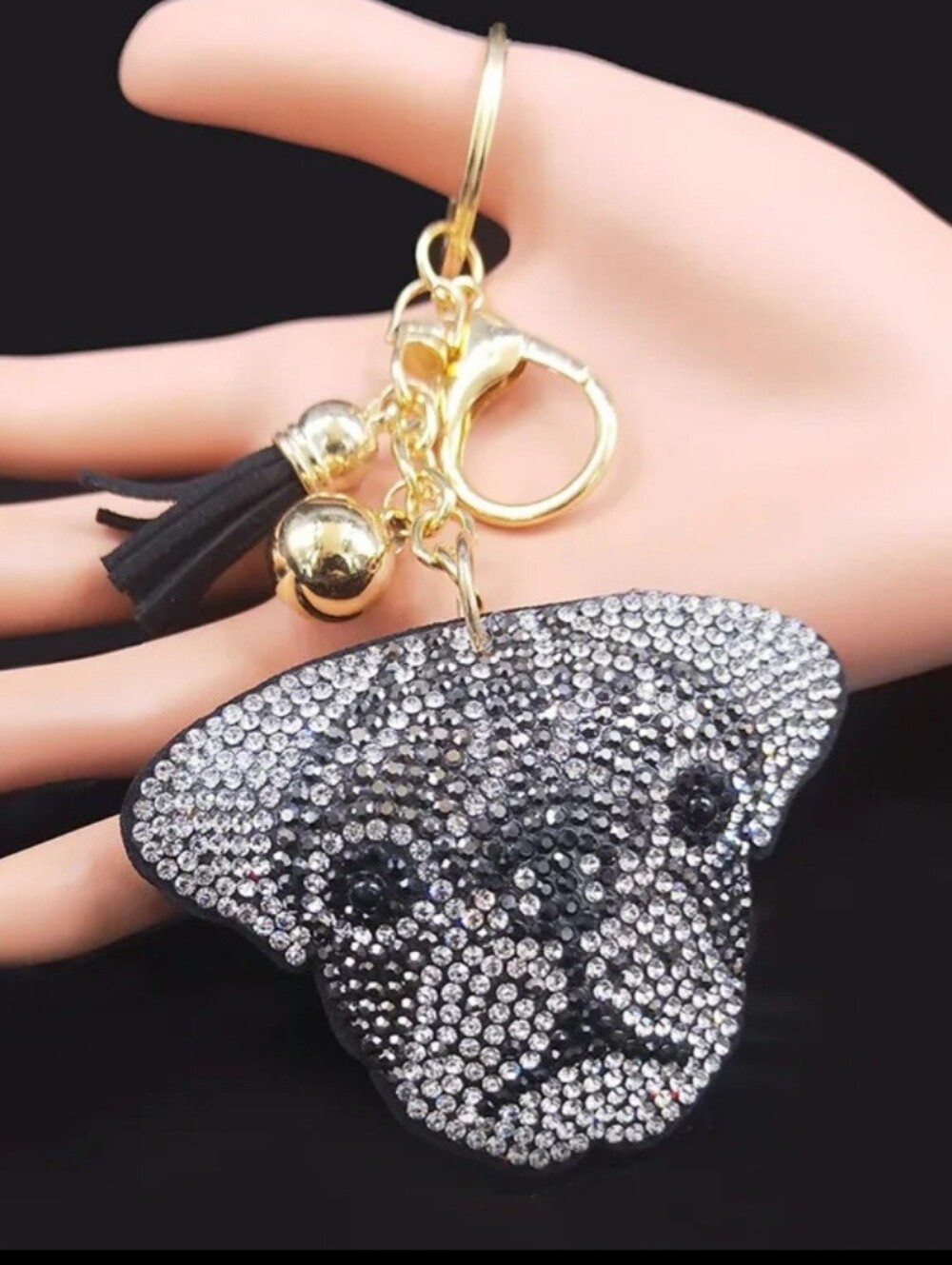 Bling Dog Crystal Rhinestone Keychain Bag Charm With Black Tassel, Pug - Picture 2 of 5